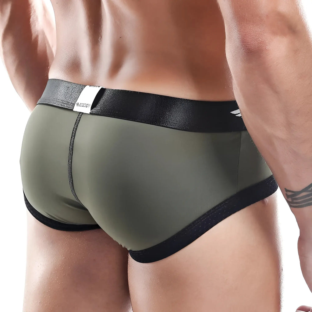 Olive green agacio agh029 brief athletic underwear with black elastic waistband and trim for active use