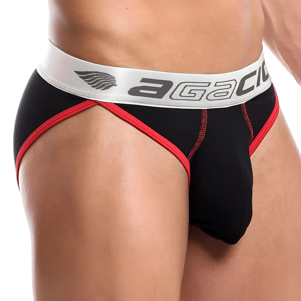 Black agacio AGI009 bikini brief with red trim and white waistband featuring brand logo in cotton fabric