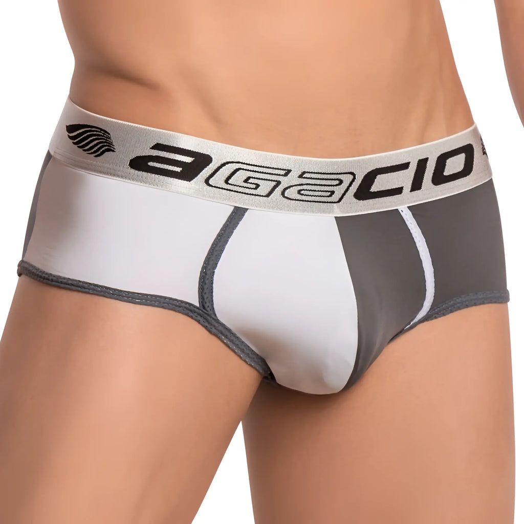 Agacio AGI011 brief menâ€™s underwear in white and gray colorblock with contrasting stitching for comfortable wear