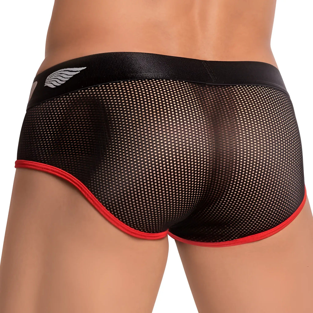 Agacio AGI012 brief black mesh with red trim and white wing logo on waistband for breathable comfort