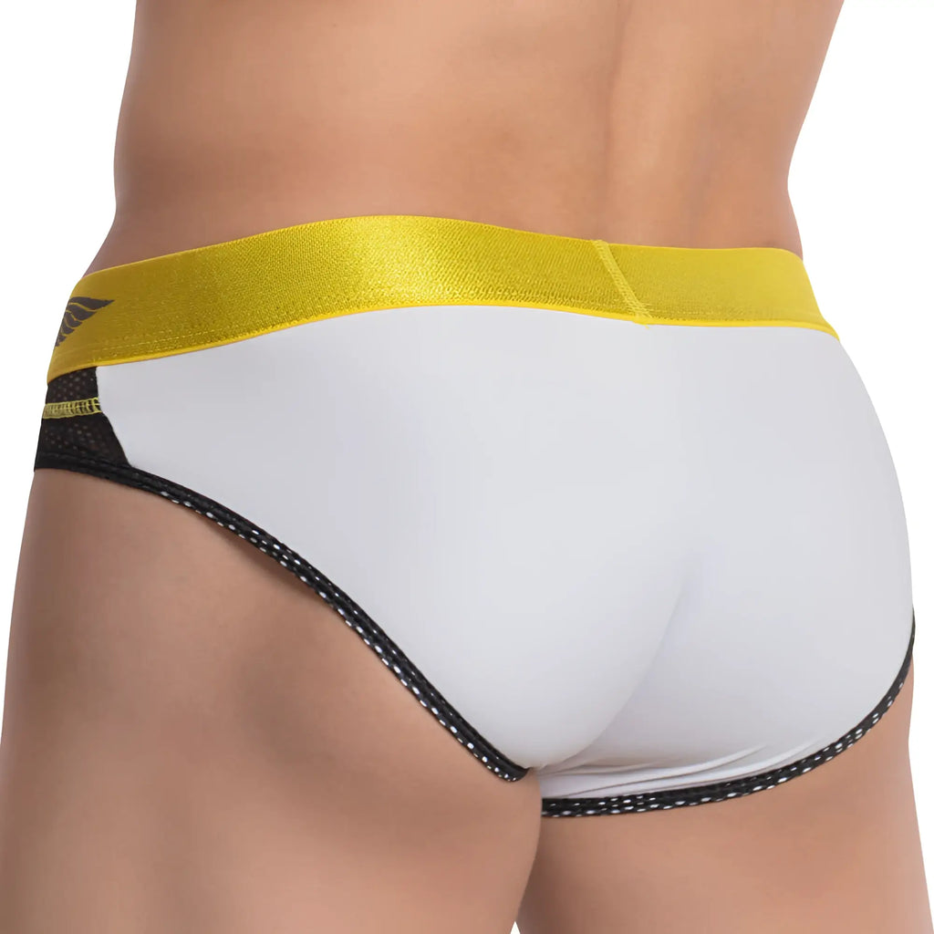 Agacio agi013 brief white briefs with shiny gold waistband and black trim featuring white stitching