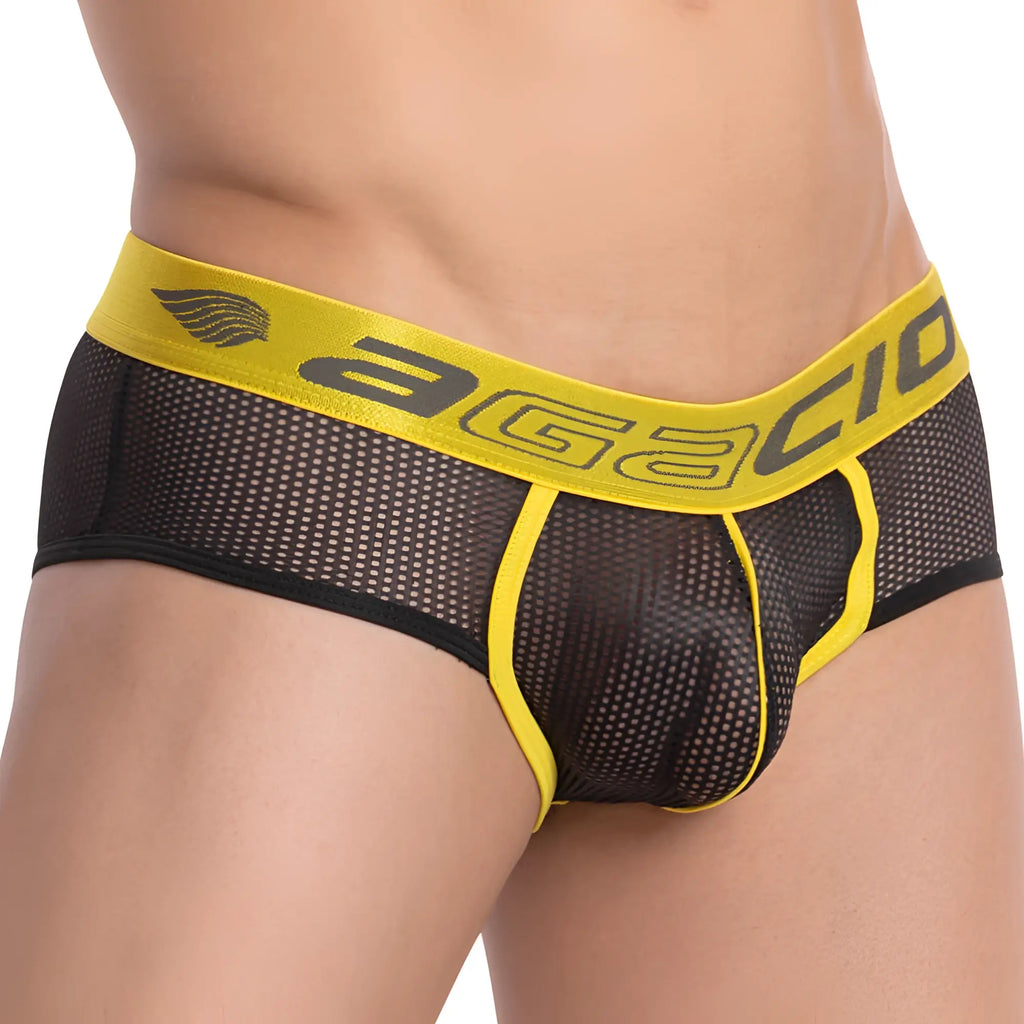 Black mesh agacio agi014 styled briefs with bold yellow trim and branding for stylish comfortable wear