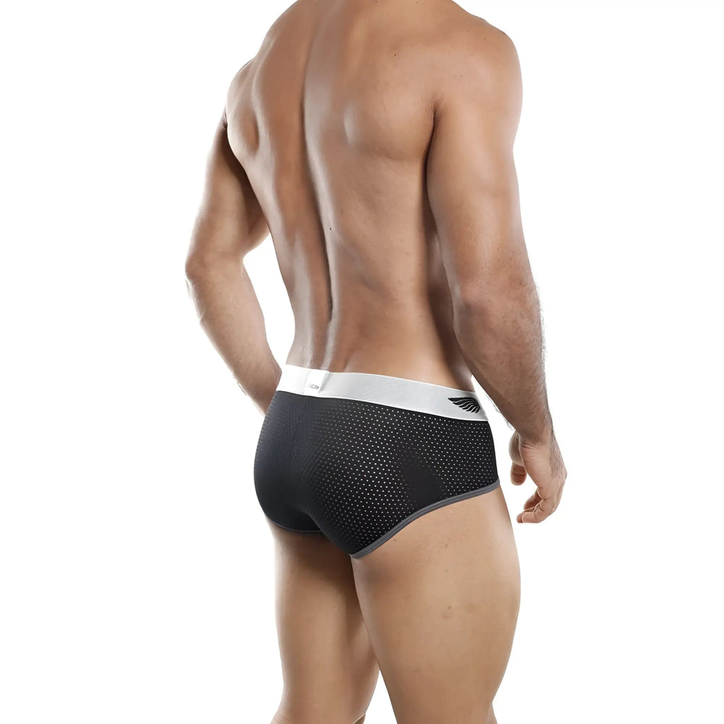 Agacio AGJ009 bikini brief in black mesh with white waistband gray trim and subtle wing logo on the side