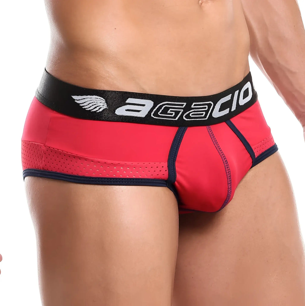 Red agacio AGJ016 king briefs with black waistband featuring brand logo and navy blue trim