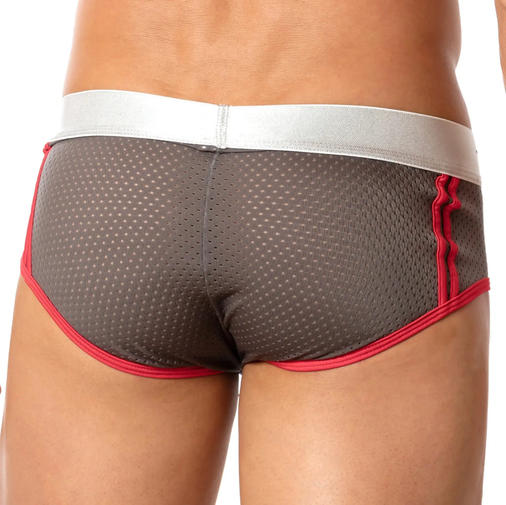 Agacio agj018 mesh back brief in gray mesh with red trim and silver waistband showing front view