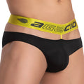 Black agacio agj019 your best shot brief with bright yellow elastic waistband featuring brand name and logo in black