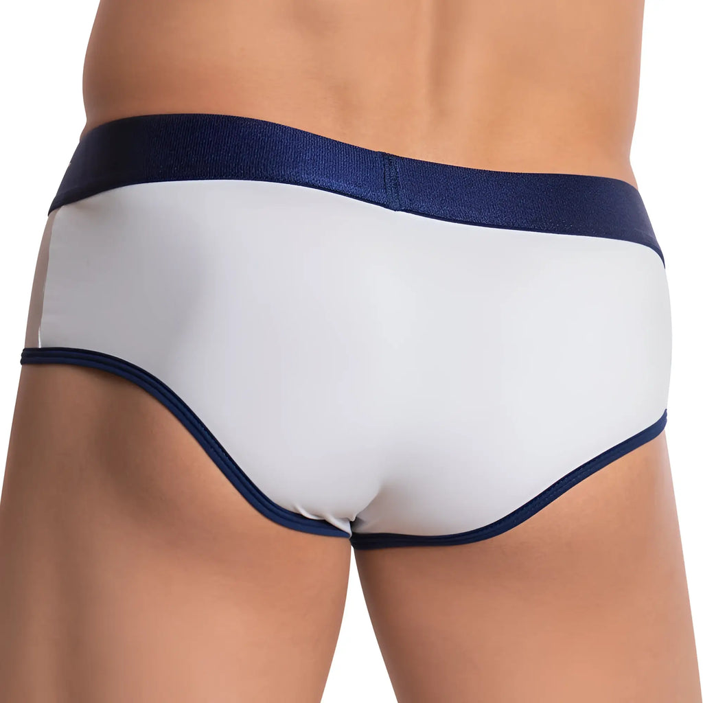 Agacio AGJ020 brief in white cotton with navy blue elastic waistband and trim for comfortable everyday wear