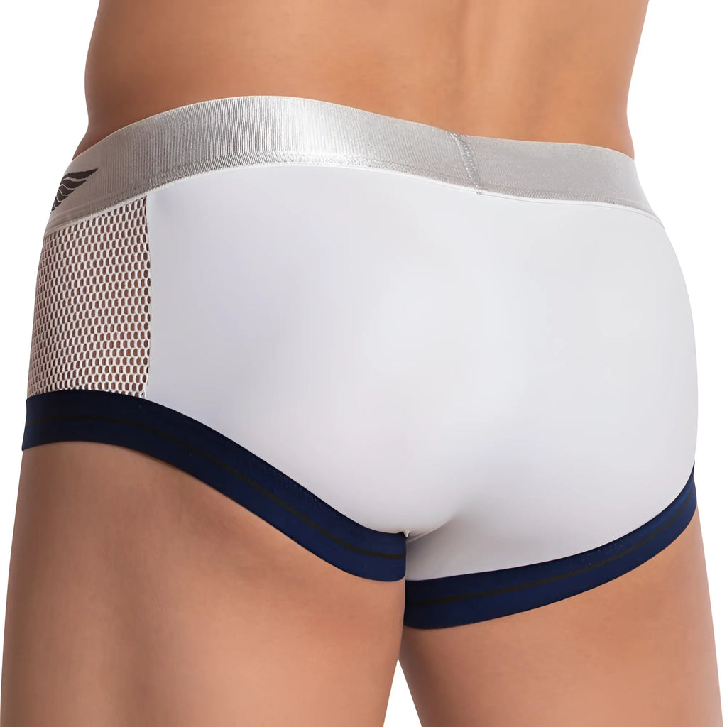White agacio agj021 the header brief with a silver elastic waistband navy blue leg trim and side mesh panel