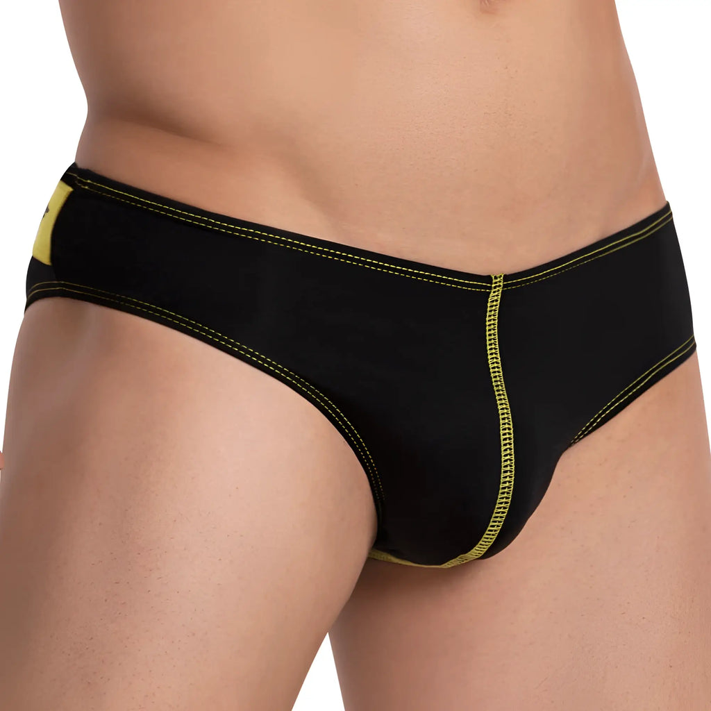 Agacio AGJ023 the line brief black briefs with vibrant yellow stitching and matching yellow side accent