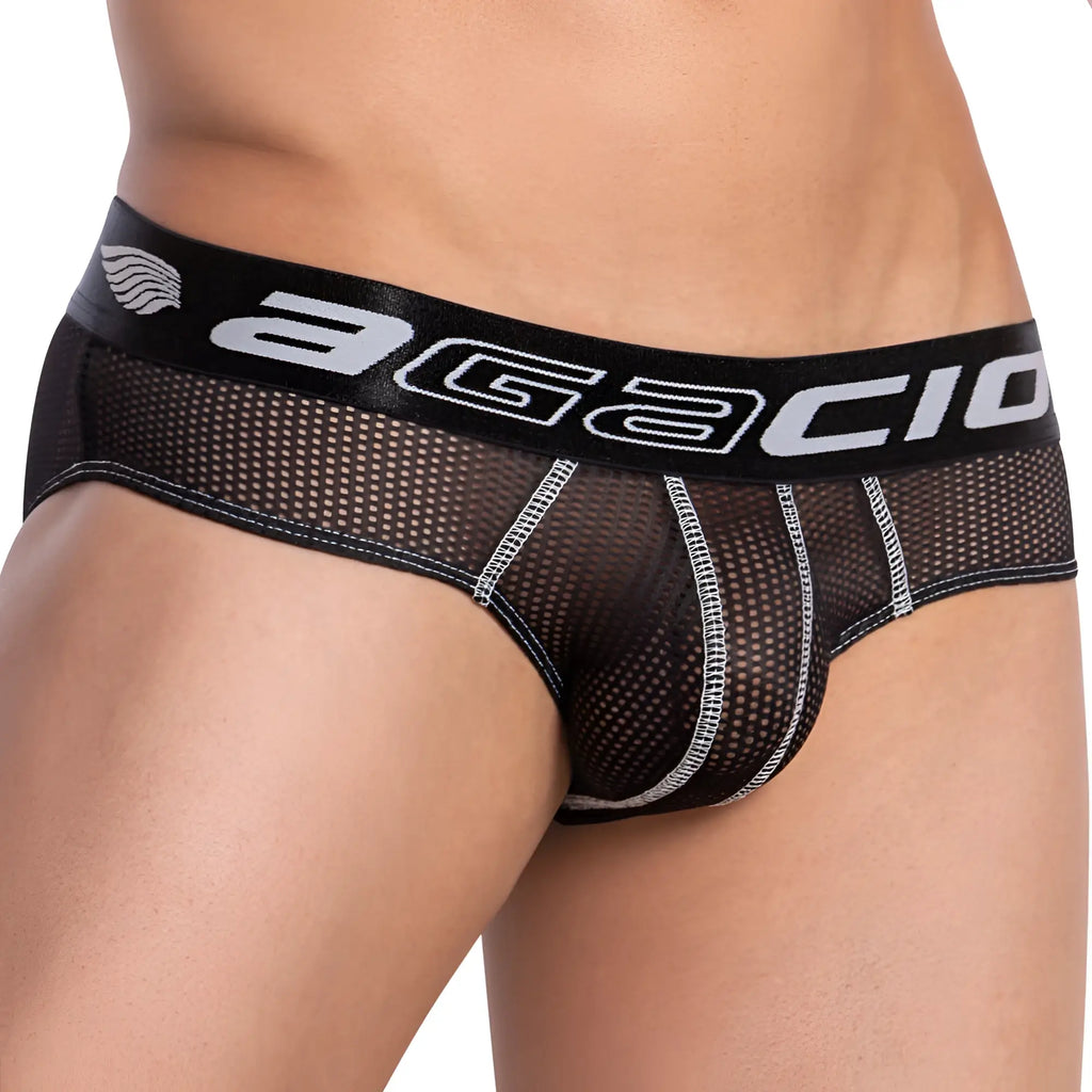Black mesh briefs with black elastic waistband featuring agacio brand name and wing logo agacio agj026 mesh panel brief