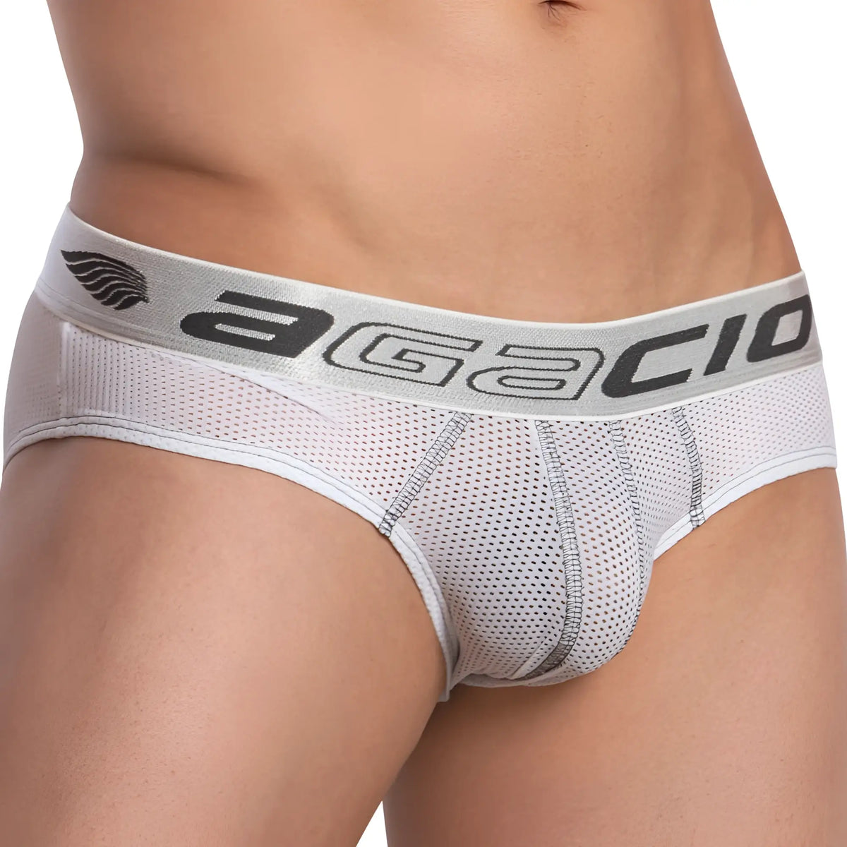 White agacio agj026 mesh panel briefs with gray elastic waistband featuring brand name and logo