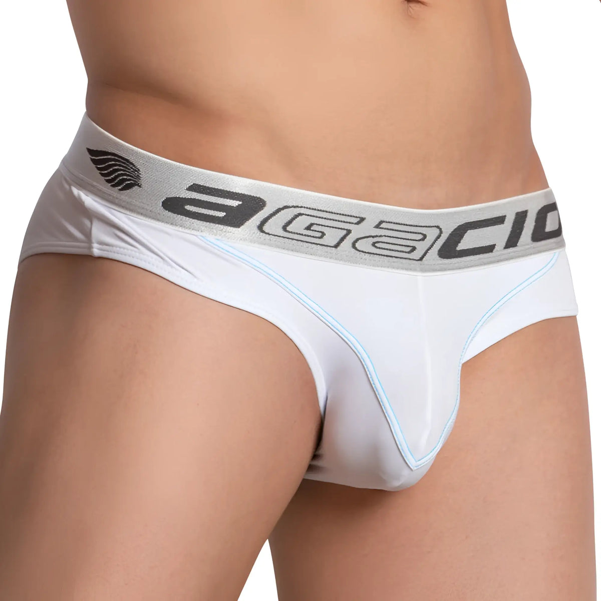 White agacio agj028 supportive waist briefs with gray elastic logo waistband and light blue seam stitching
