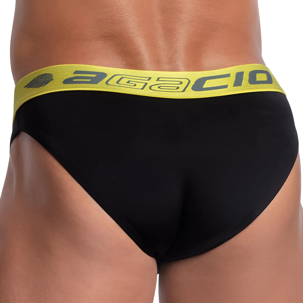 Black agacio agj032 neon bulge brief with bright yellow waistband featuring bold dark gray brand name lettering