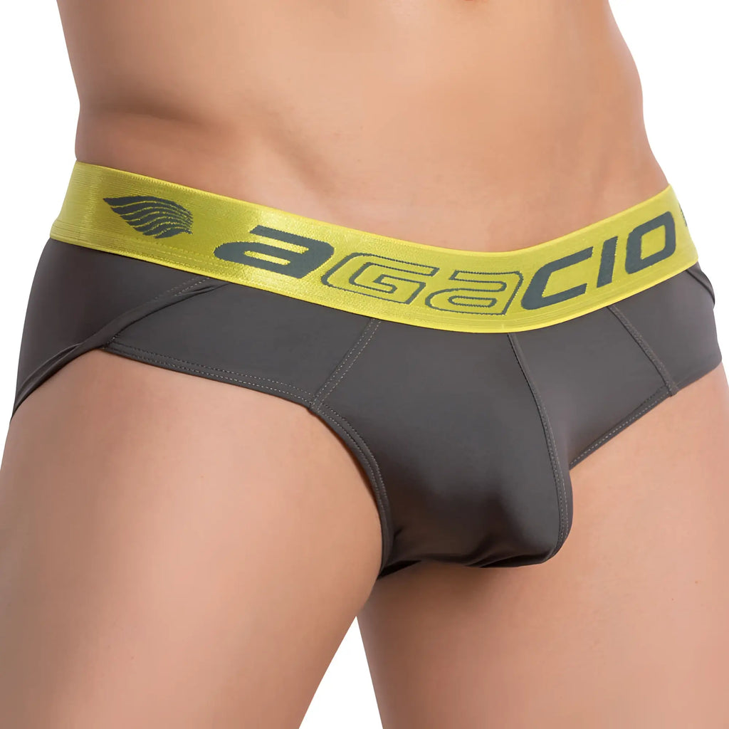Gray agacio AGJ033 contour pouch brief with bright yellow waistband and dark gray logo for comfortable support