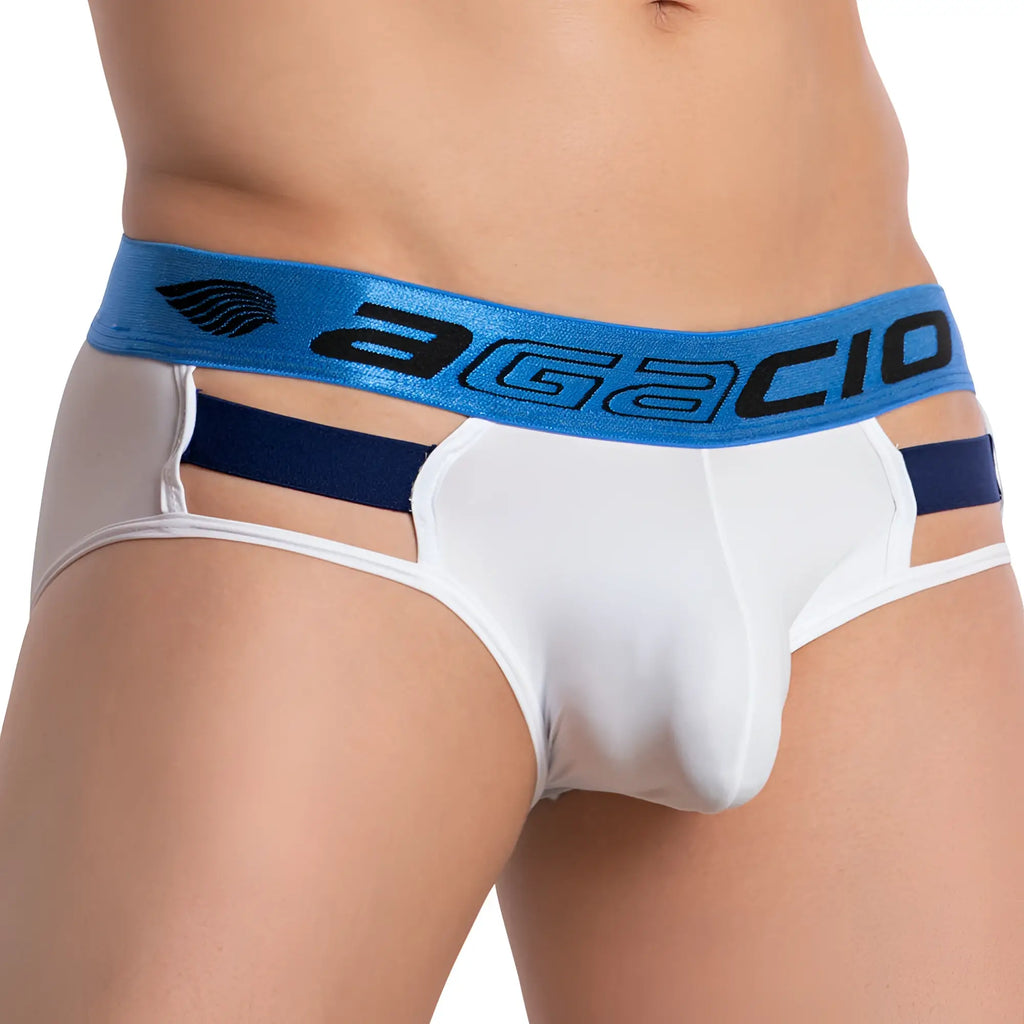 White agacio agj034 side straps briefs with blue waistband black lettering and navy side stripes for men