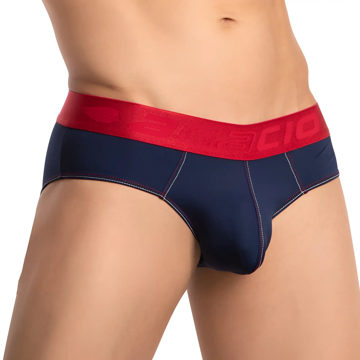 Navy blue and red agacio agj037 trendy bold briefs with textured elastic waistband featuring cio branding