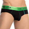 Black agacio agj039 menâ€™s briefs with bright green waistband gray branding and blue side stitching