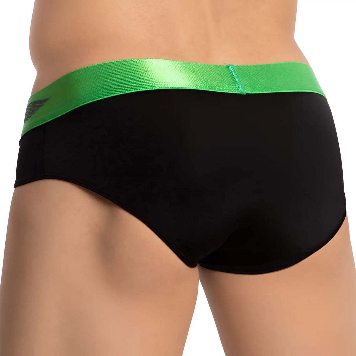 Black agacio agj039 briefs with a shiny green waistband featuring a subtle wing logo on the front side