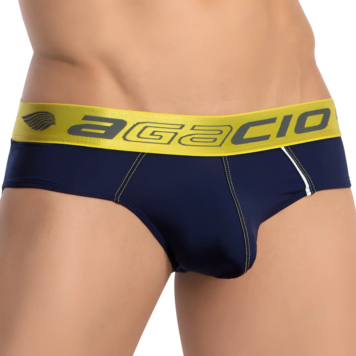 Navy blue agacio agj039 briefs with bright yellow waistband featuring gray brand logo for comfortable wear