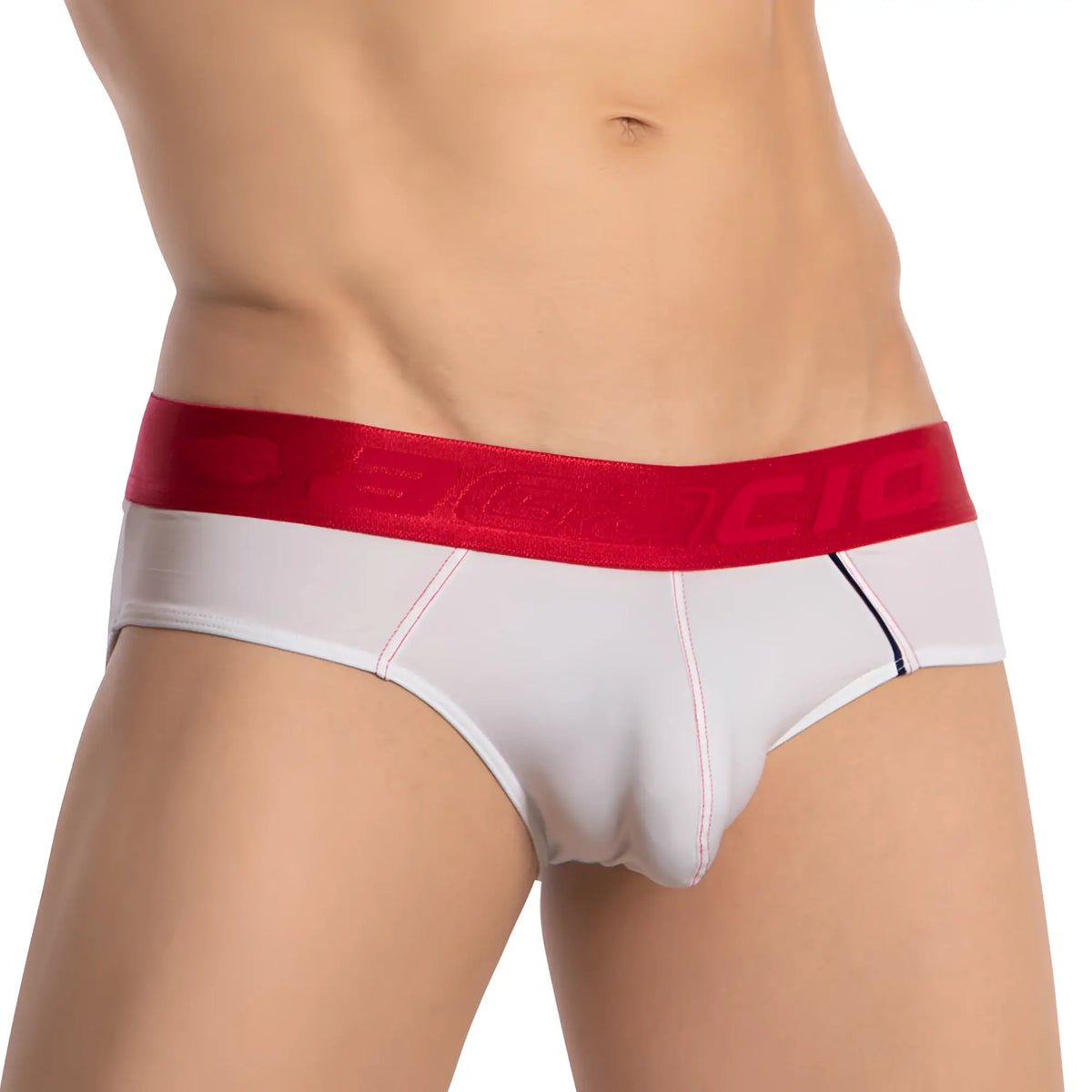Agacio agj039 brief white briefs with bold red elastic waistband featuring becio logo in matching red