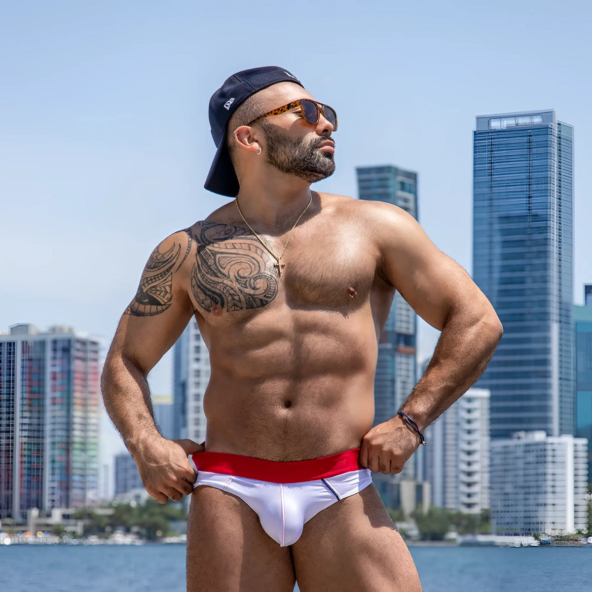 White swim trunks agacio agj039 brief with red waistband and black trim designed for swimwear use