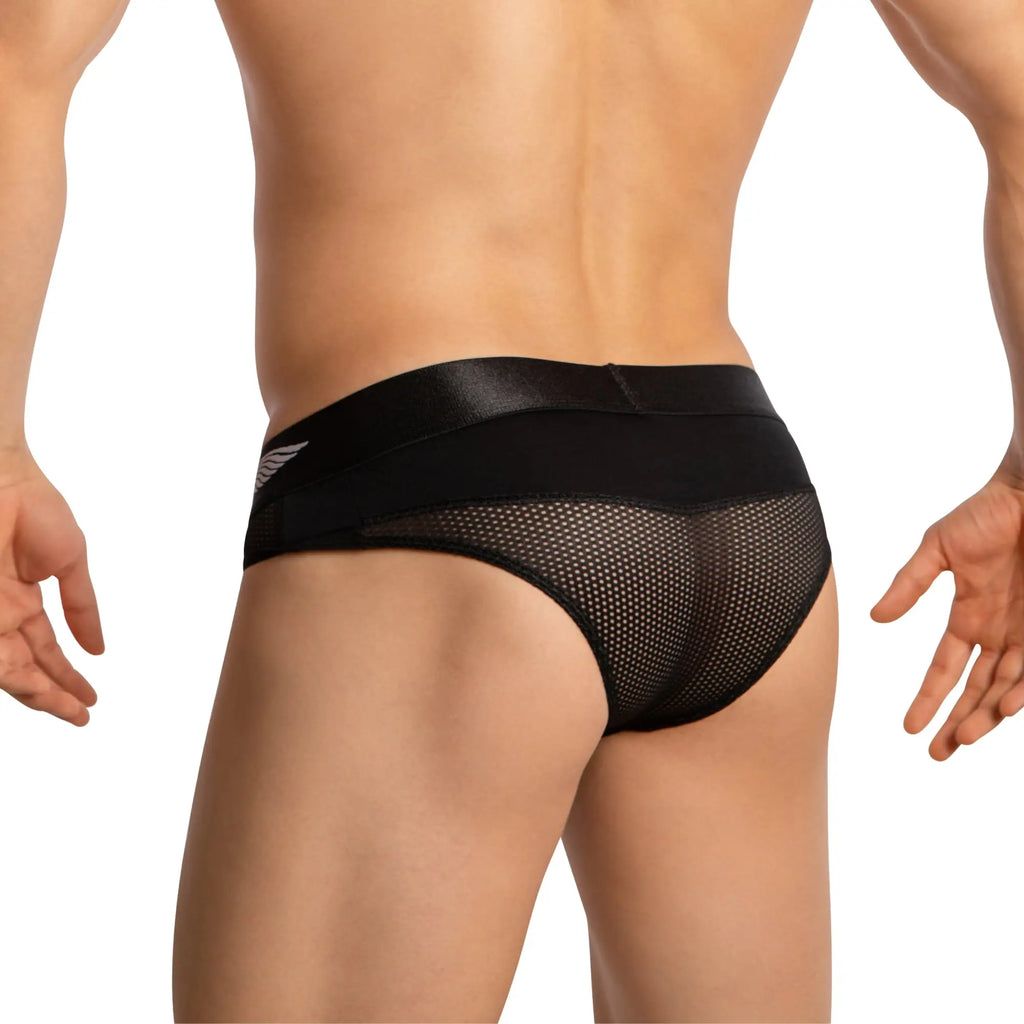 Black mesh briefs agacio AGJ042 with satin waistband and subtle wing logo on the side