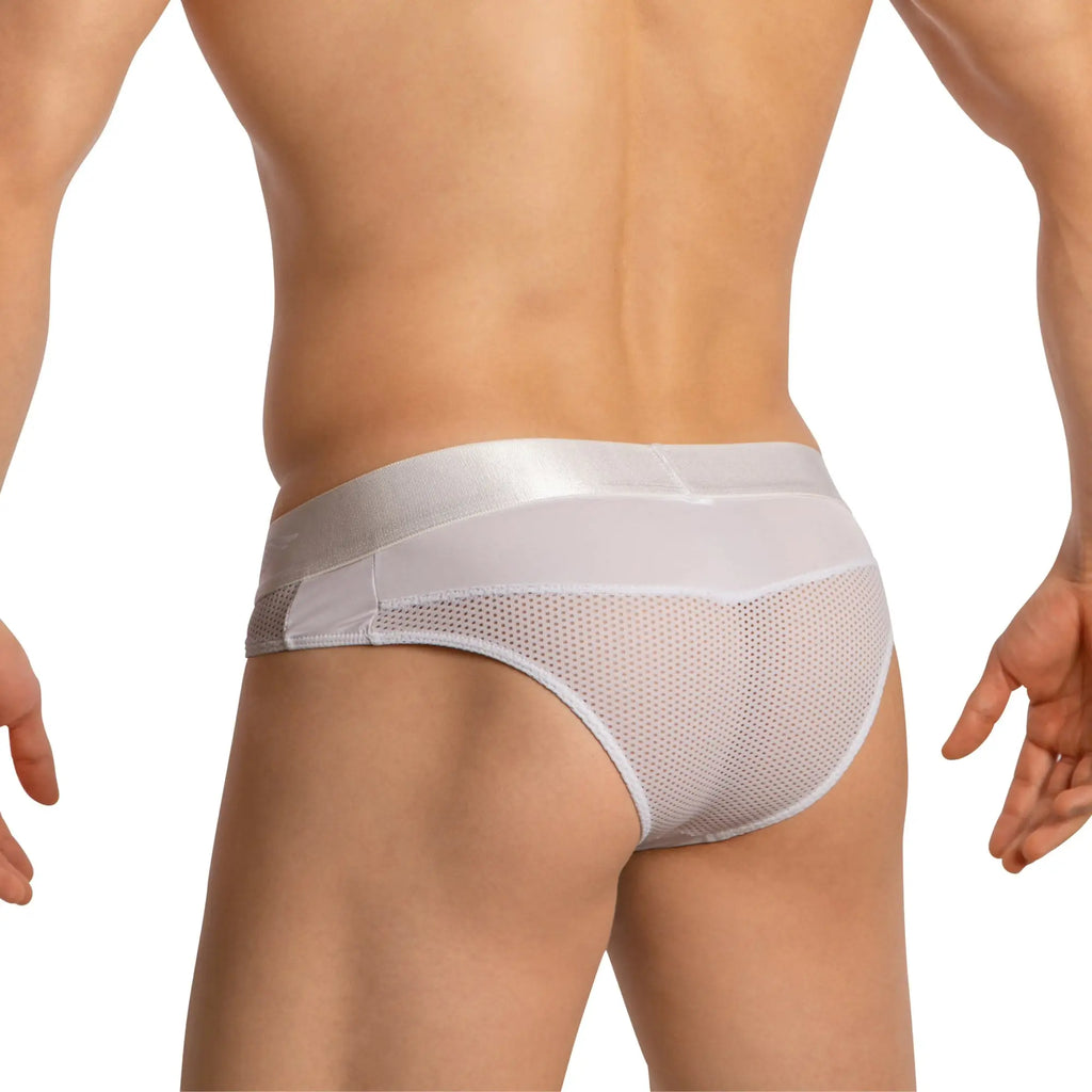 White mesh briefs with a satin waistband from Agacio AGJ042 offering breathable comfort and stylish design