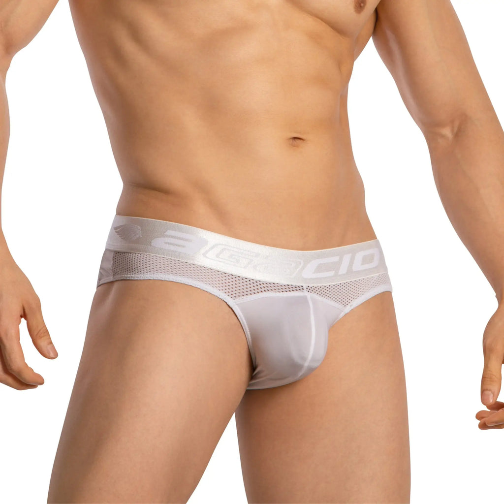 White mesh briefs with silver elastic waistband featuring the cio logo agacio agj042 brief front view