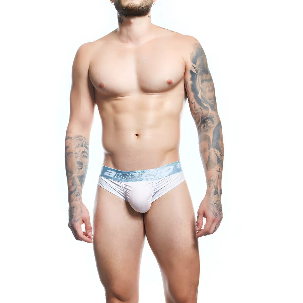 White athletic briefs with light blue agacio ag logo elastic waistband designed for comfortable activewear use