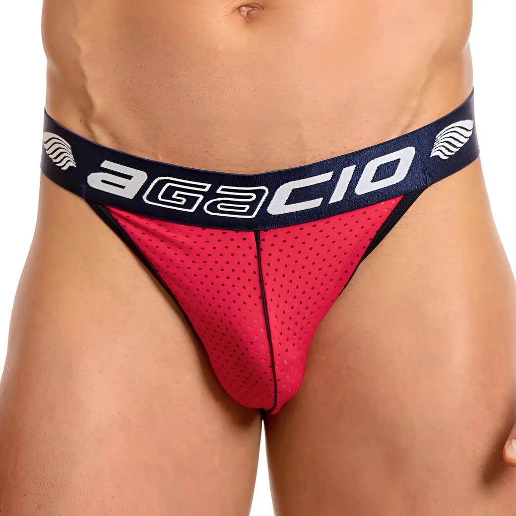 Bright red perforated mesh briefs with navy blue agacio waistband in the agacio agk016 thong style