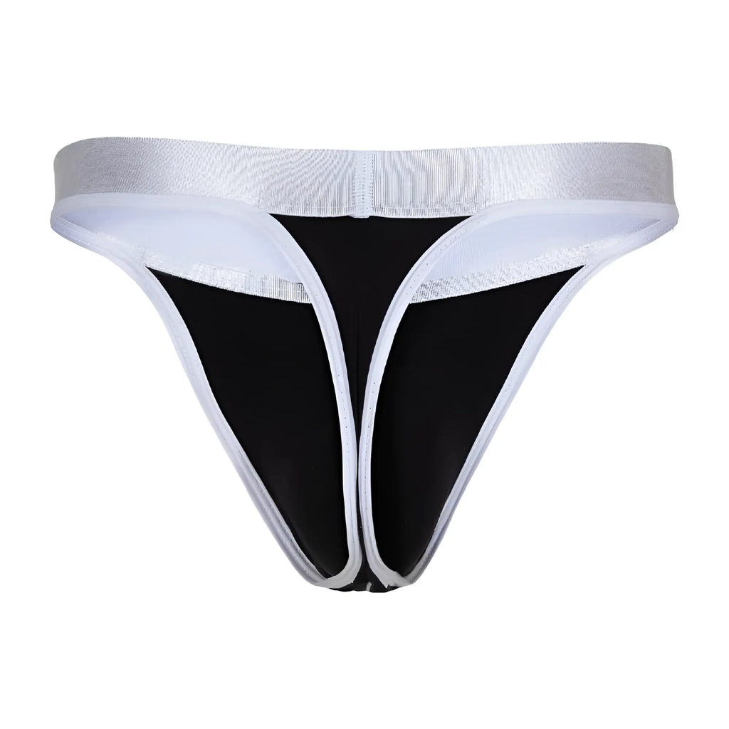 Agacio AGK038 thong in black and white with a shiny silver waistband shown from the back side