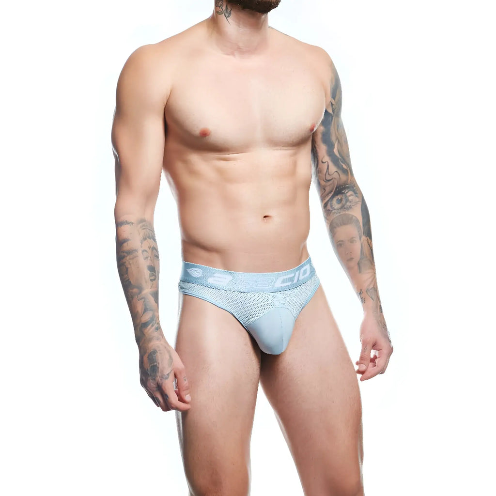 Agacio agk040 thong light blue mesh athletic briefs with solid panel and brand logo on the waistband front view