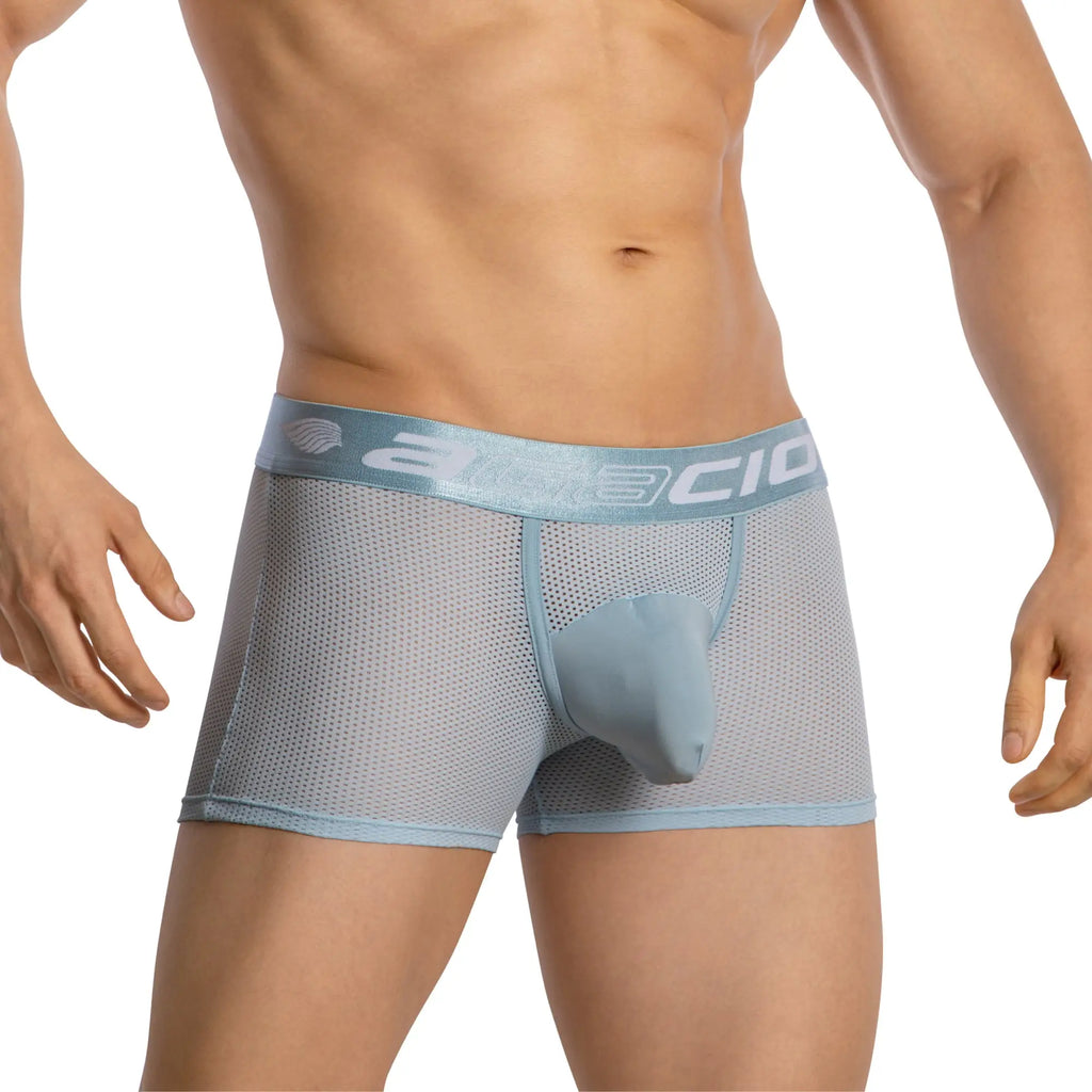 Light blue mesh Agacio boxer trunks with pouch and elastic waistband featuring the a3cio brand logo