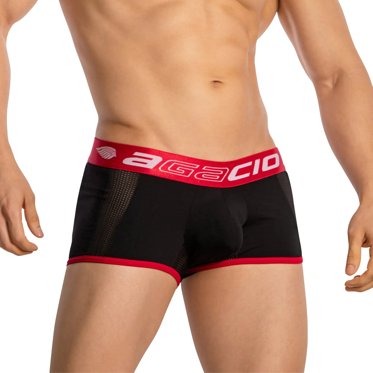 Black agacio boxer sheer trunks agg086 with red trim and mesh side panel for breathable comfort