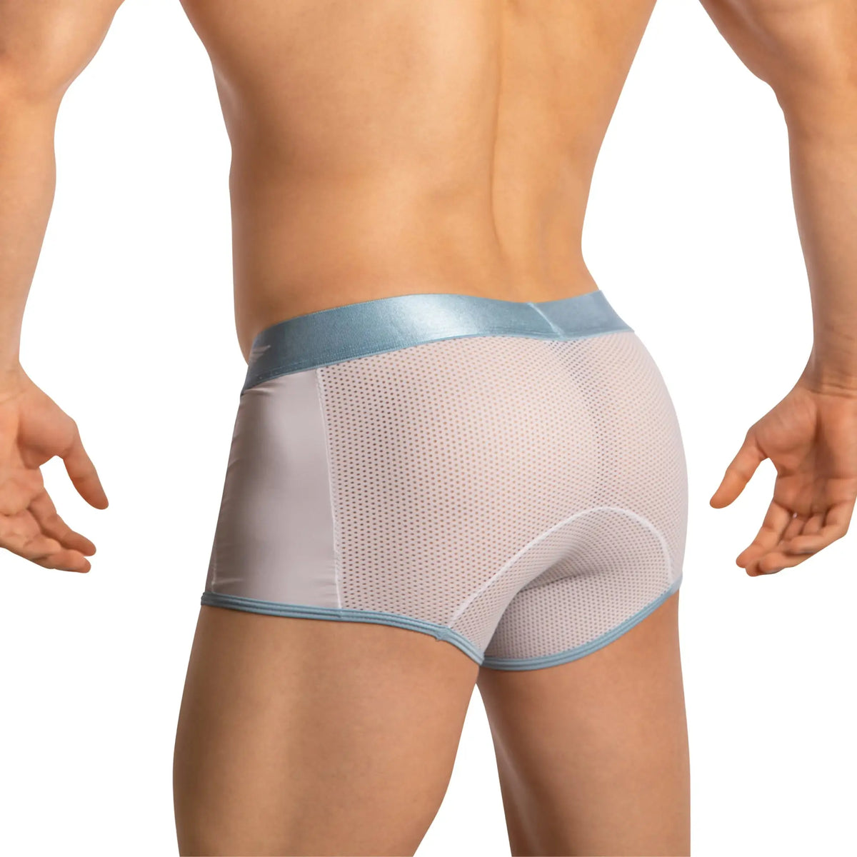 Light blue and white mesh Agacio boxer sheer trunks AGG086 with satin-like waistband for breathable comfort