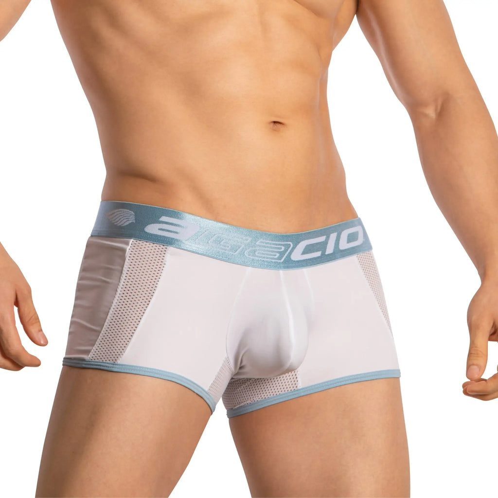 White and light blue agacio boxer sheer trunks with mesh panels and branded elastic waistband for athletic wear