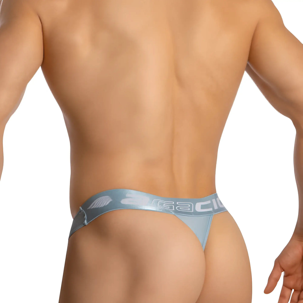 Light blue sheer mesh thong with satin waistband featuring amacio logo from agacio sexy ultra soft thongs agk037