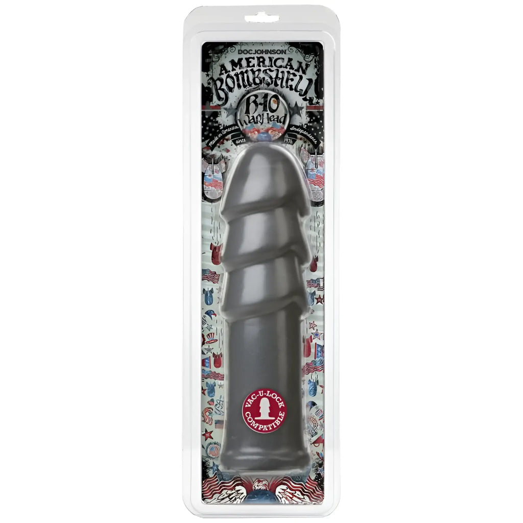 Dark gray textured silicone 10in anal dildo with ribbed design and vic-u-lock branding american bombshell b-10 warhead