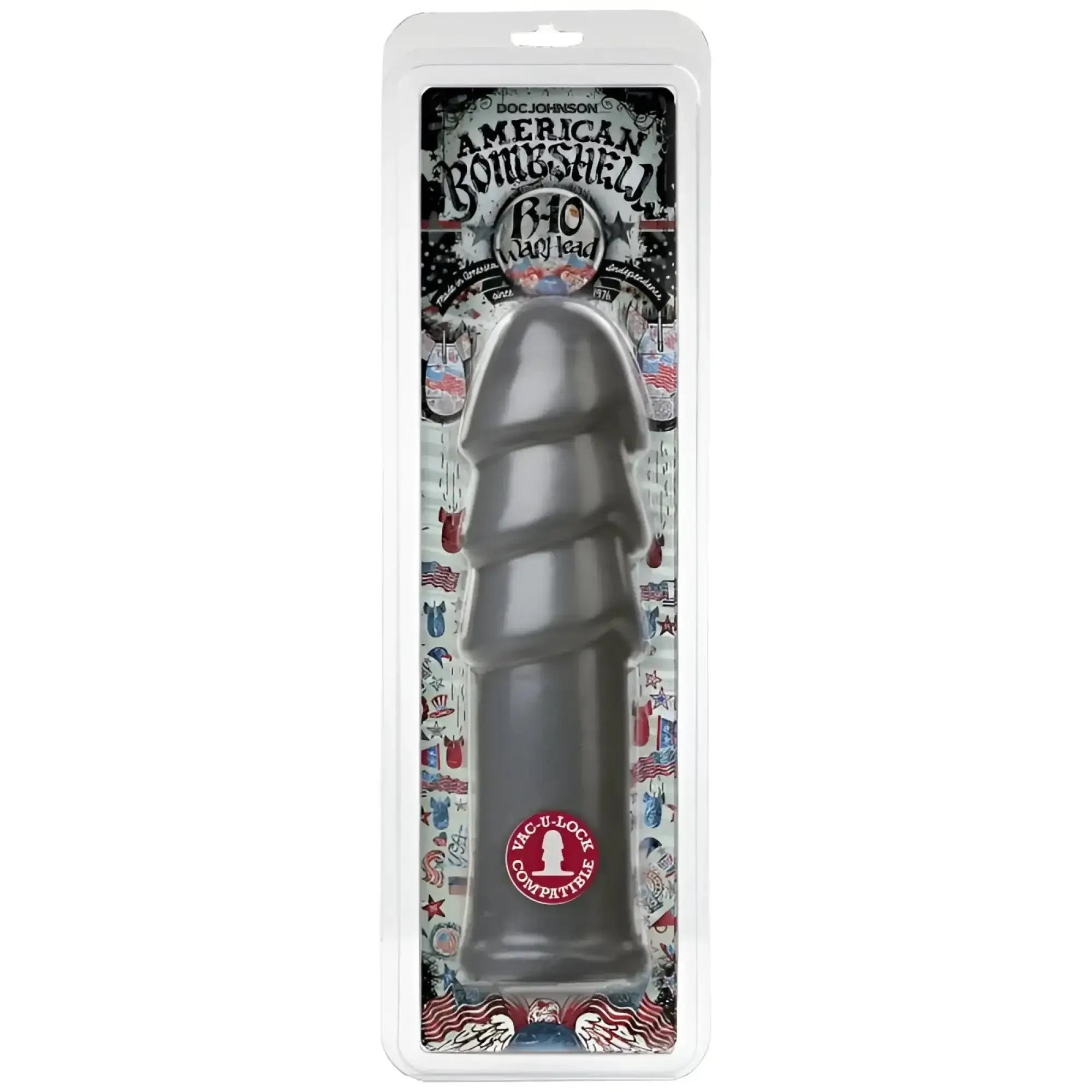 Dark gray textured silicone 10in anal dildo with ribbed design and vic-u-lock branding american bombshell b-10 warhead