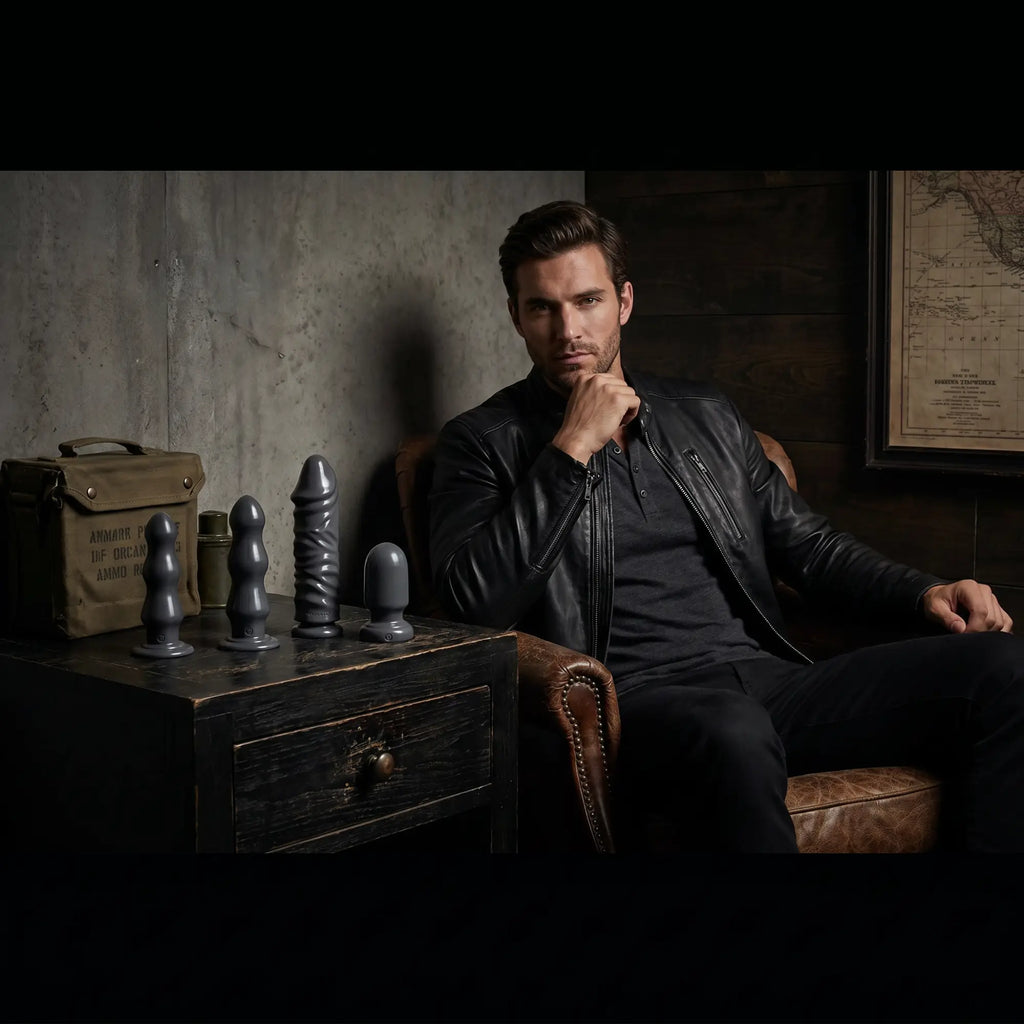 Confident man with American Bombshell gunmetal grey anal toys in a dark, dramatic editorial lifestyle setting.
