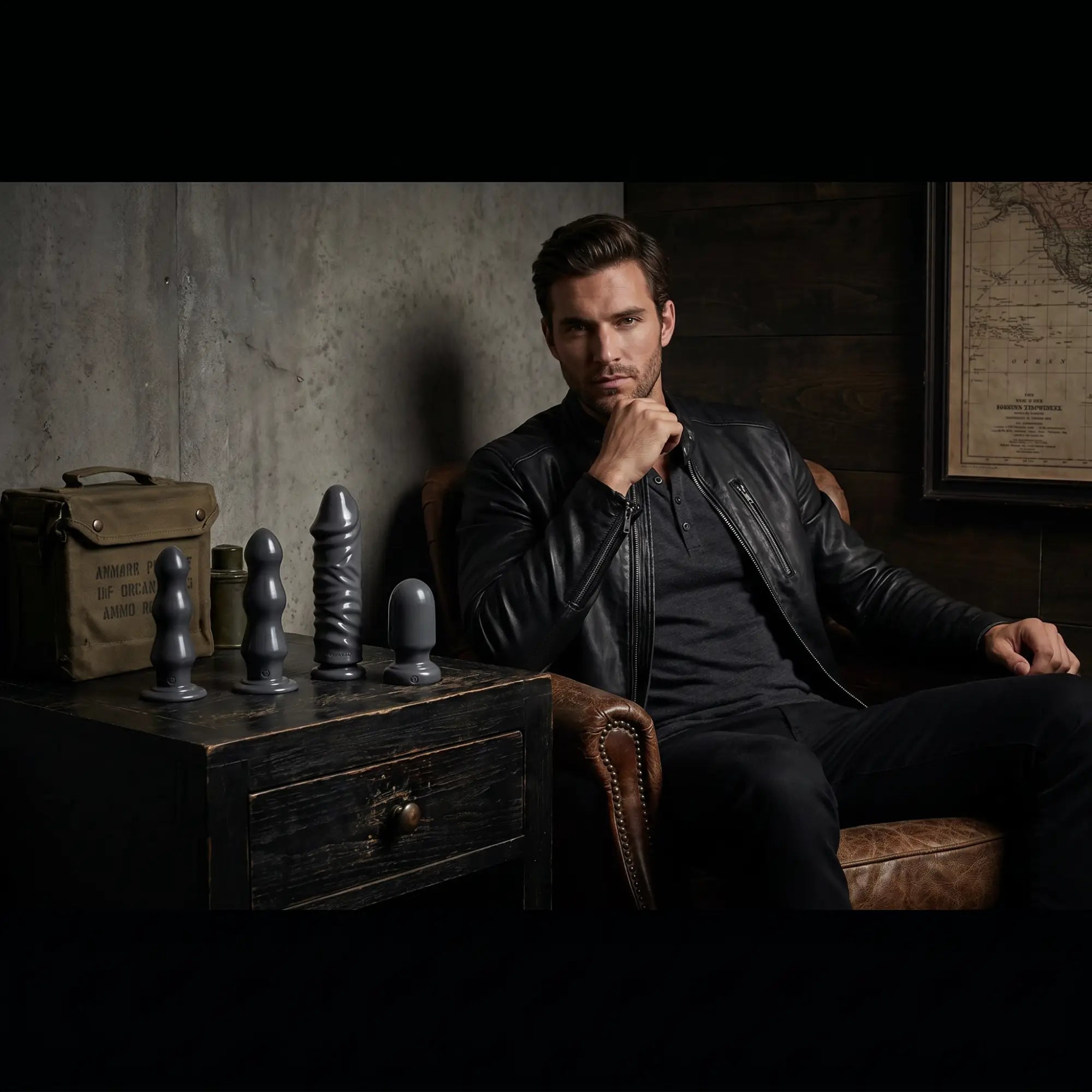 Confident man with American Bombshell gunmetal grey anal toys in a dark, dramatic editorial lifestyle setting.