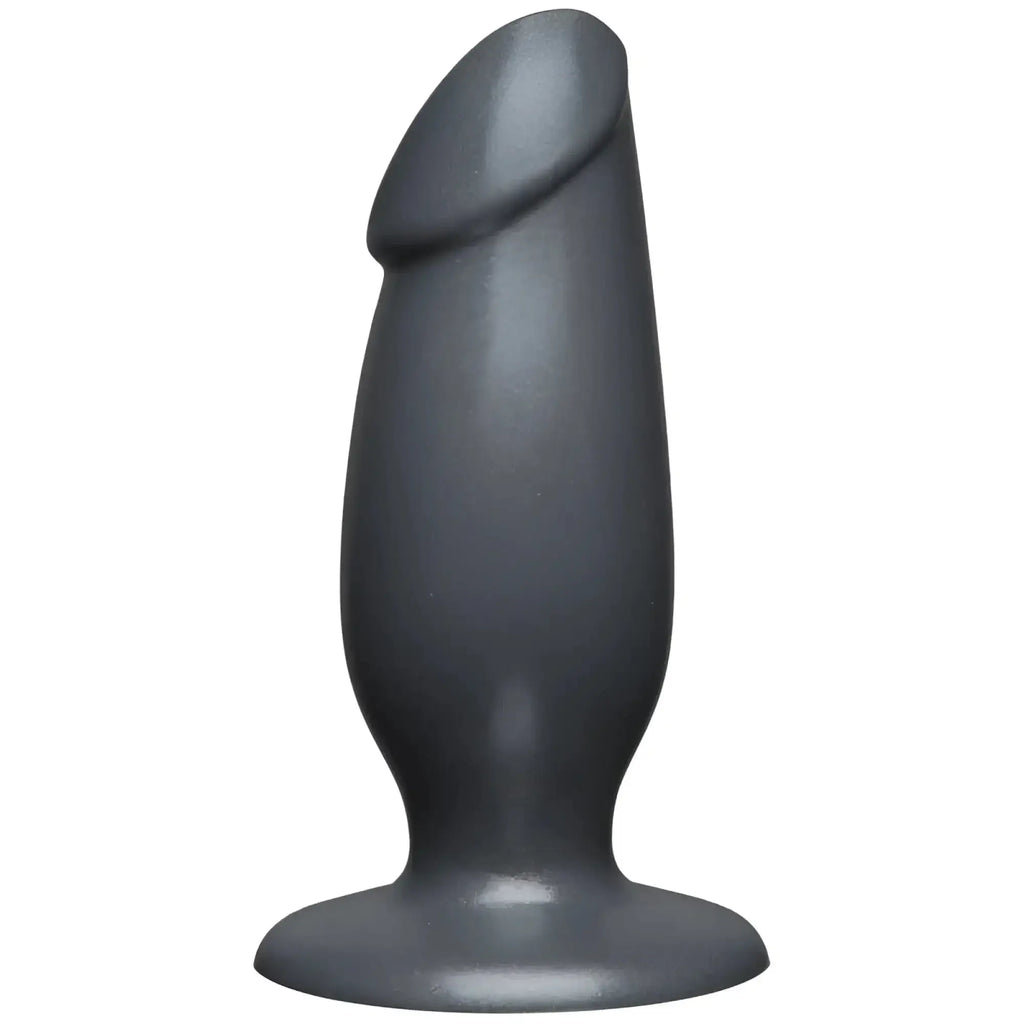 Black silicone anal plug american bombshell fat man with rounded head and flared base in gun metal color