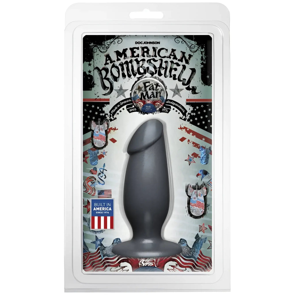 Gray silicone american bombshell fat man anal plug gun metal prostate massager by doc johnson shown from back side