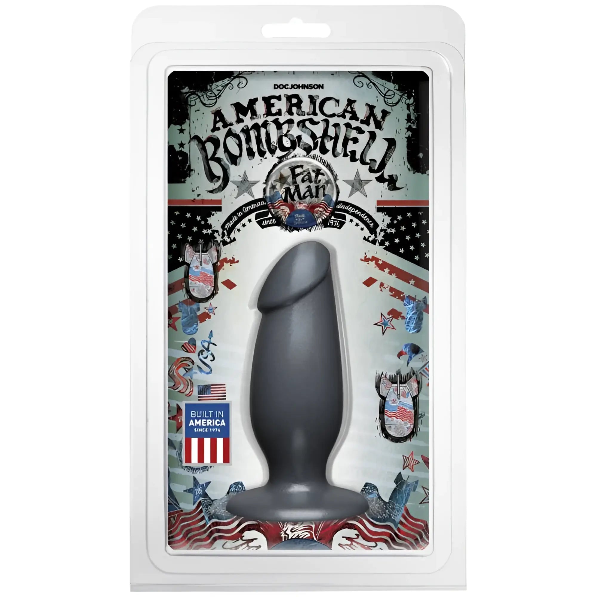 Gray silicone american bombshell fat man anal plug gun metal prostate massager by doc johnson shown from back side