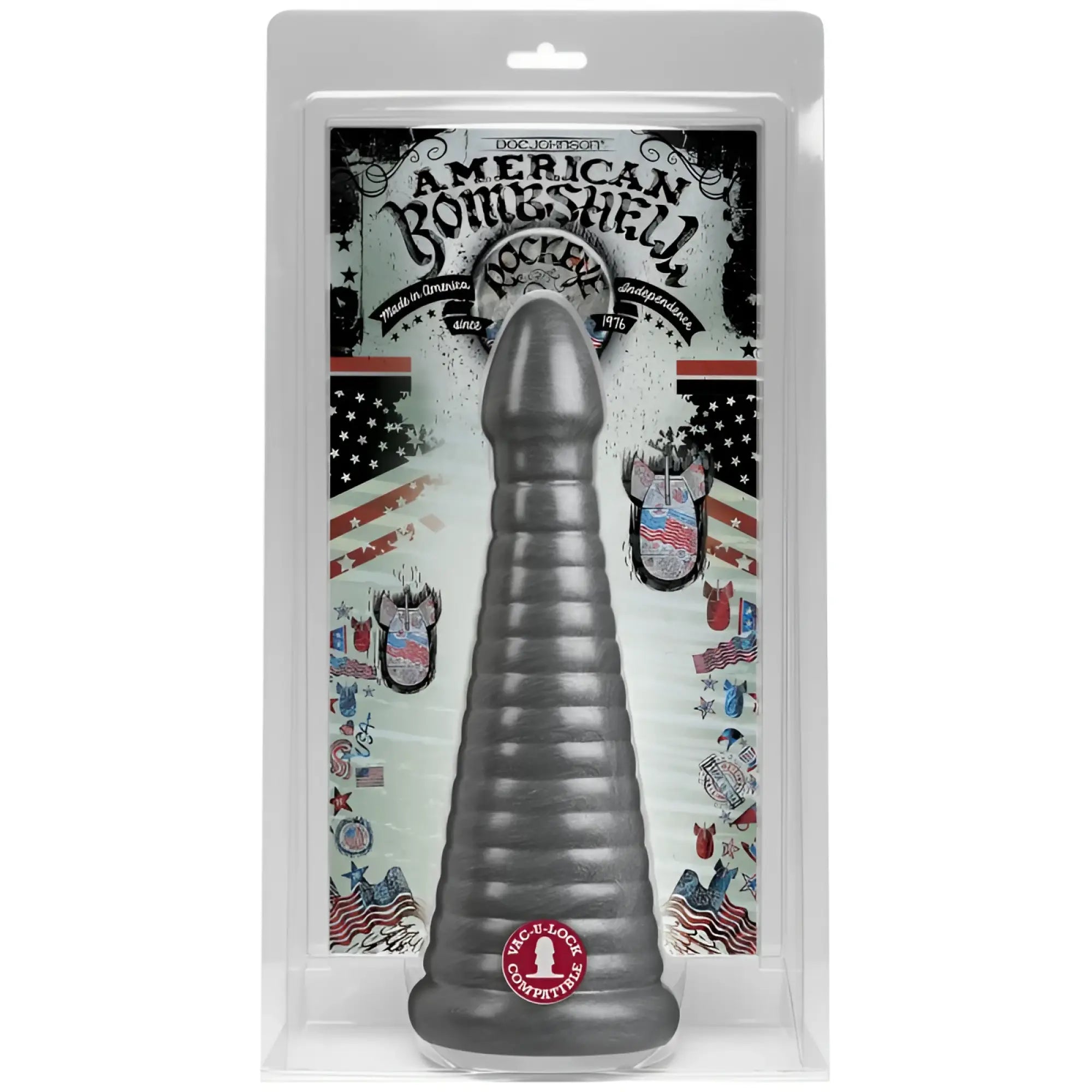 Dark gray ribbed silicone 11-inch anal dildo in clear packaging with american-themed american bombshell rockeye design