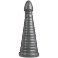 Gray ribbed silicone dildo with tapered head and rounded base from American Bombshell Rockeye 11in anal dildo gun metal