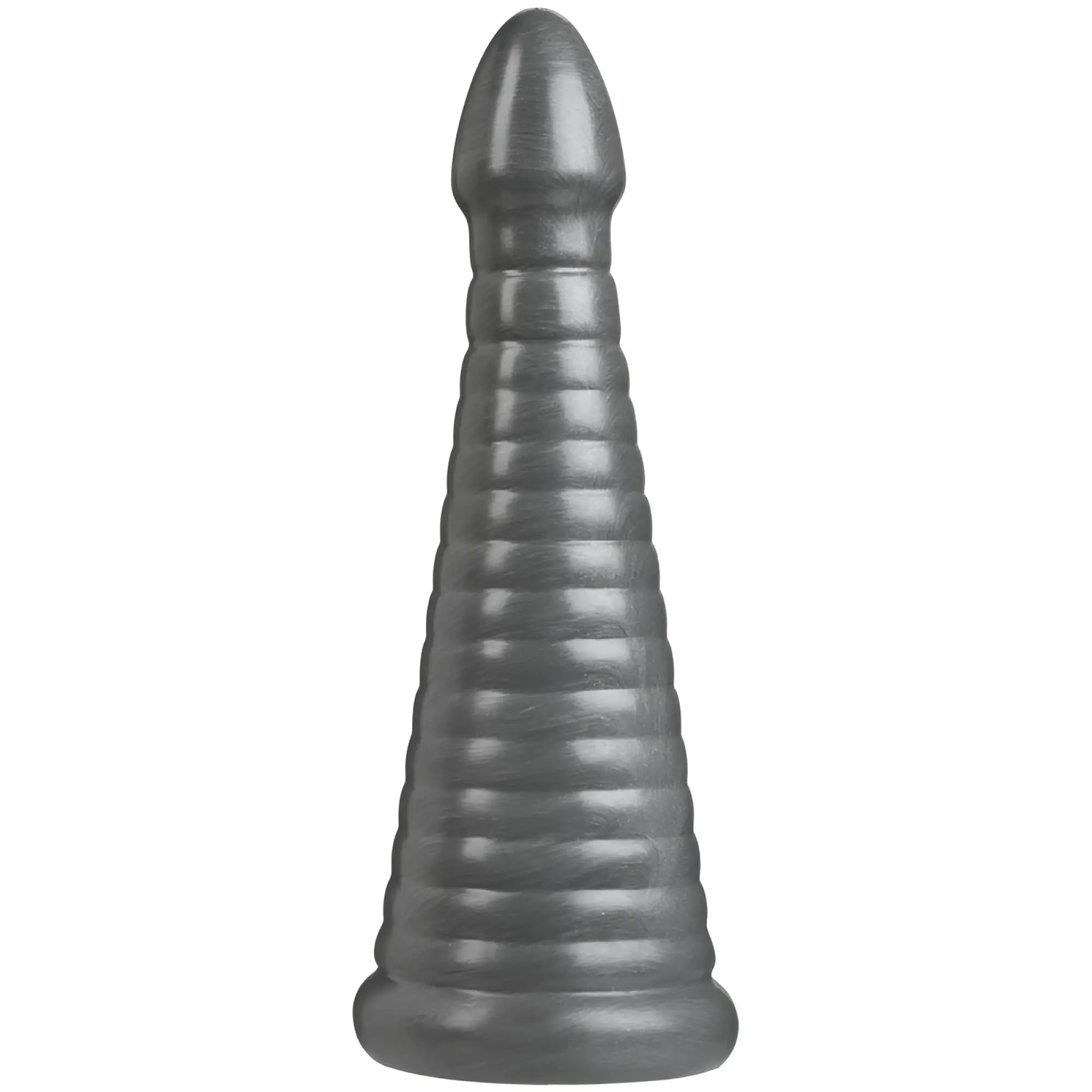 Gray ribbed silicone dildo with tapered head and rounded base from American Bombshell Rockeye 11in anal dildo gun metal