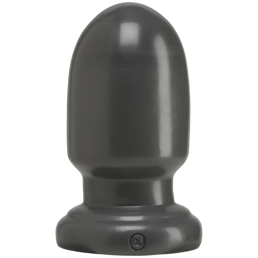 Black silicone american bombshell shell shock small anal plug with rounded tapered head and flared base in gun metal