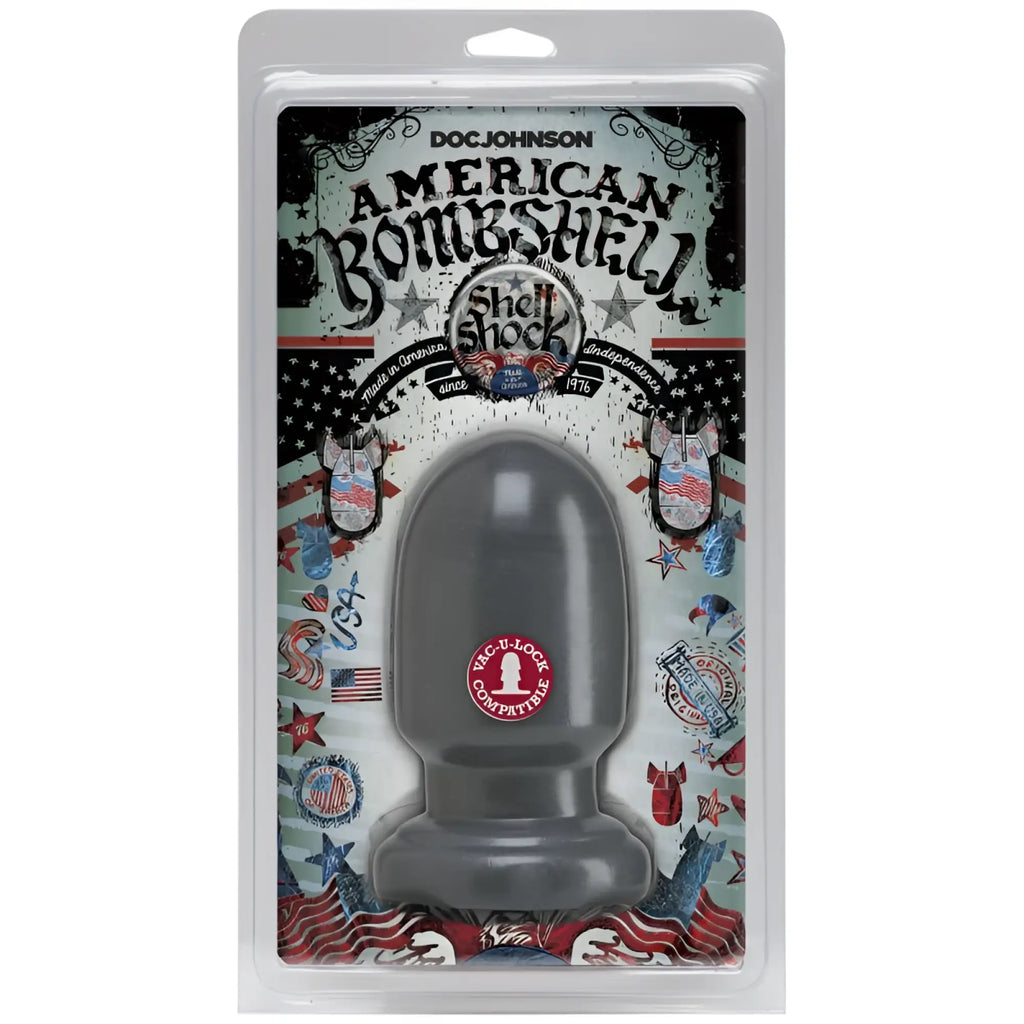 Gray silicone american bombshell shell shock small anal plug by doc johnson in gunmetal color shown from the back side