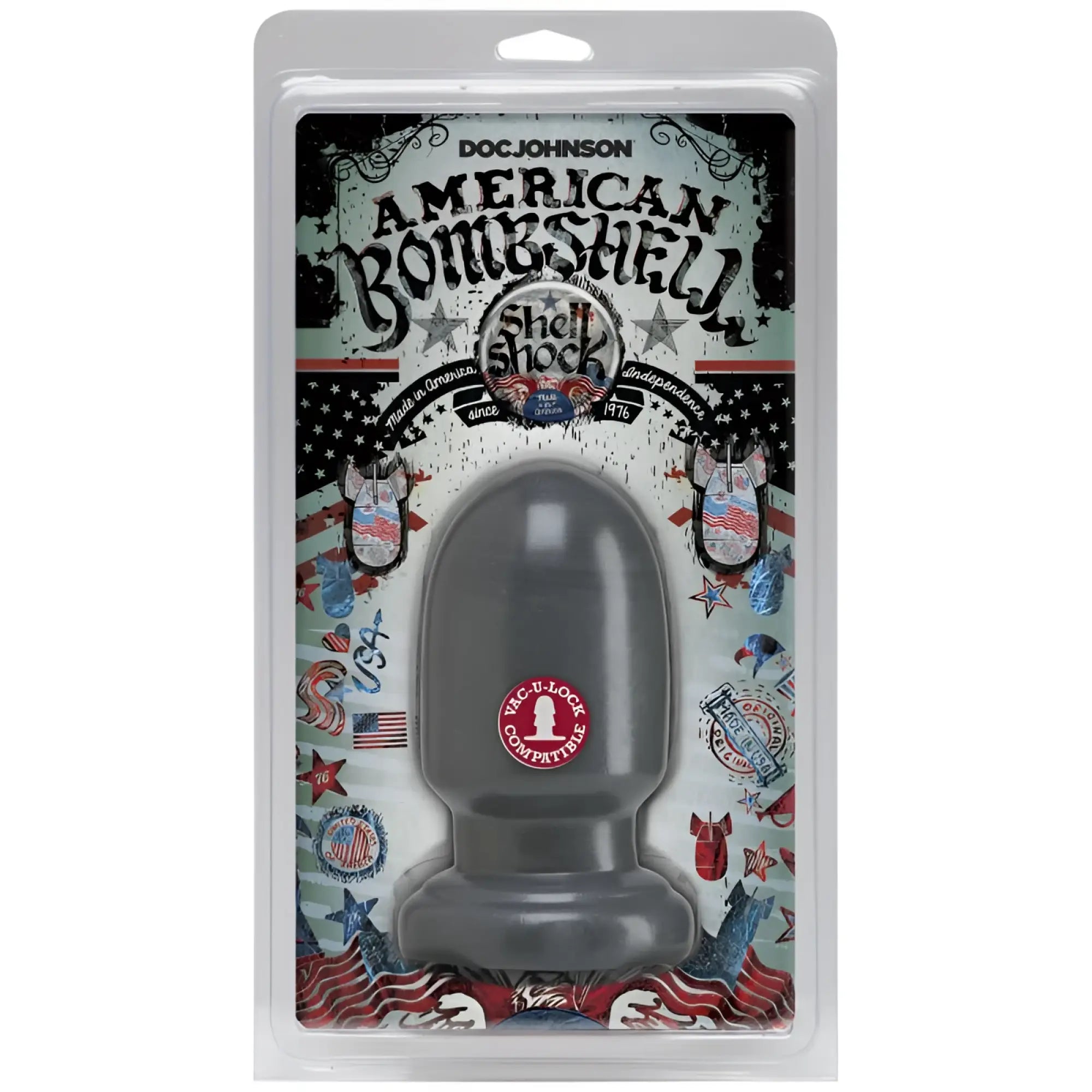 Gray silicone american bombshell shell shock small anal plug by doc johnson in gunmetal color shown from the back side